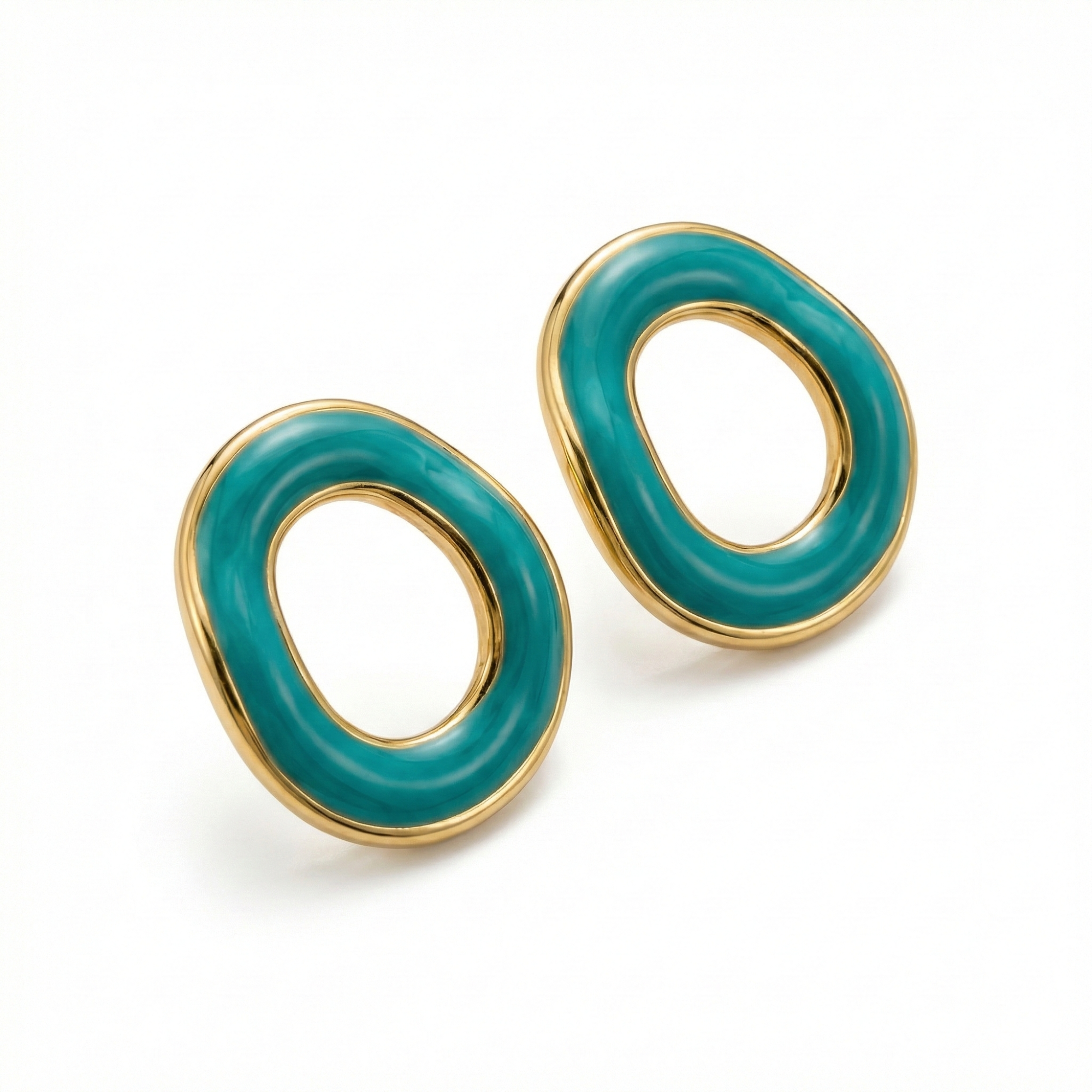 Boucles d'oreilles créoles ovales en émail turquoise - 100 % acier plaqué or 18 carats