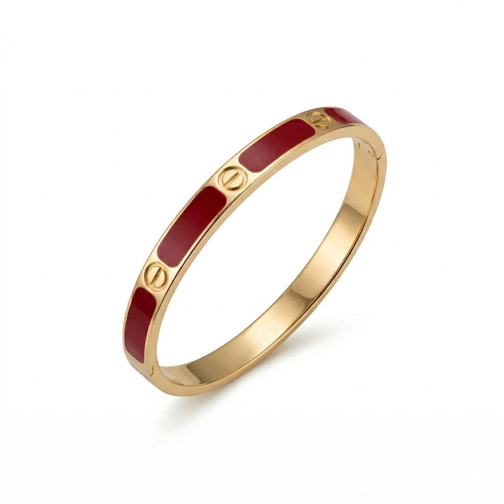 Bracelet en acier plaqué or 18 carats 100 % avec détails émaillés rouges