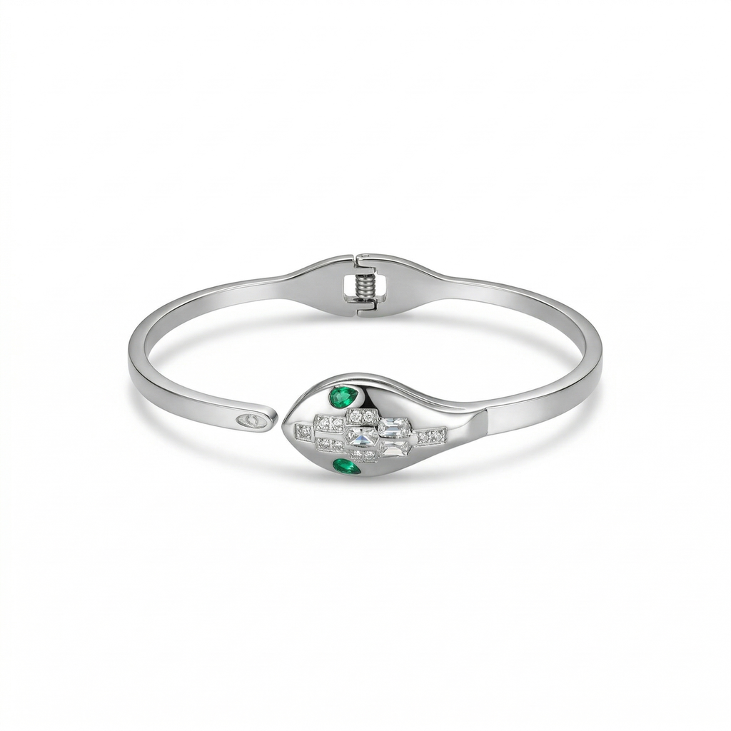 Bracelet rigide motif serpent avec émail et zircone - 100 % acier rhodié