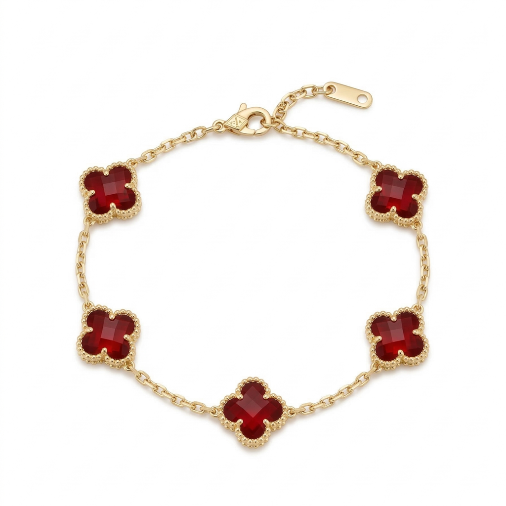Bracelet Trèfle Rouge 100% Acier Plaqué Or 18 Carats