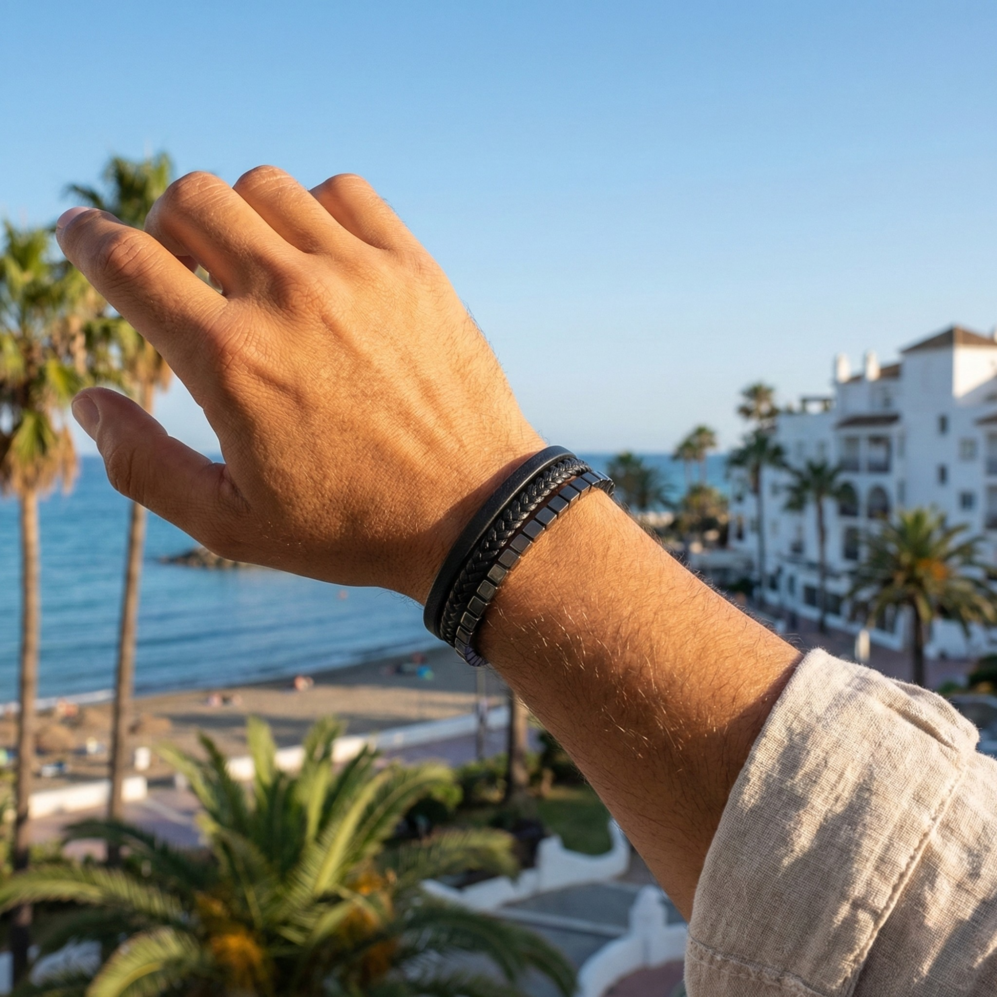 Pulsera para Hombre de Triple Hilera en Acero con Baño de Oro Blanco de 18K – Cuero Trenzado y Cuentas de Cubo – Hecha en España