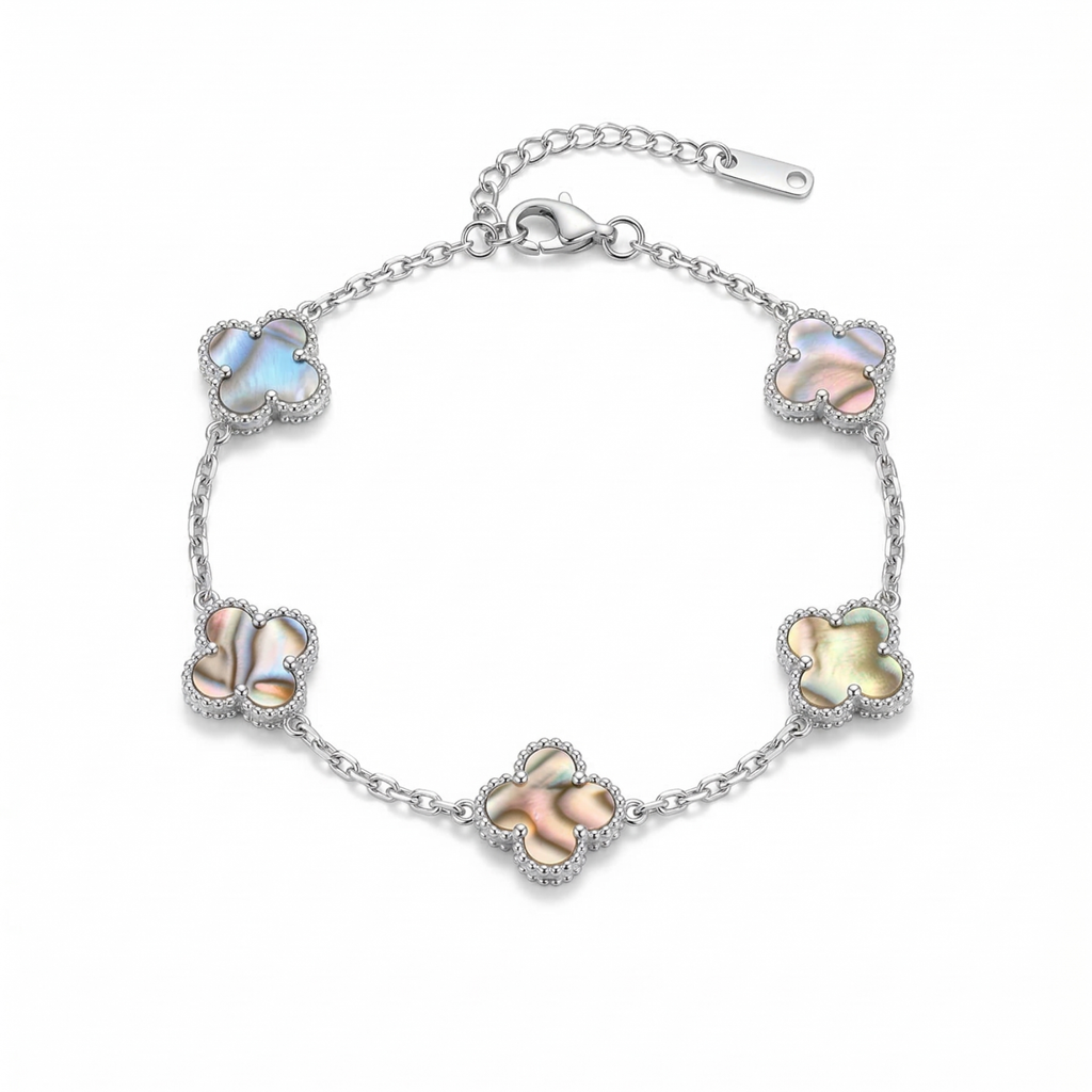 Bracelet trèfle en nacre irisée, 100 % acier inoxydable, couleur argent