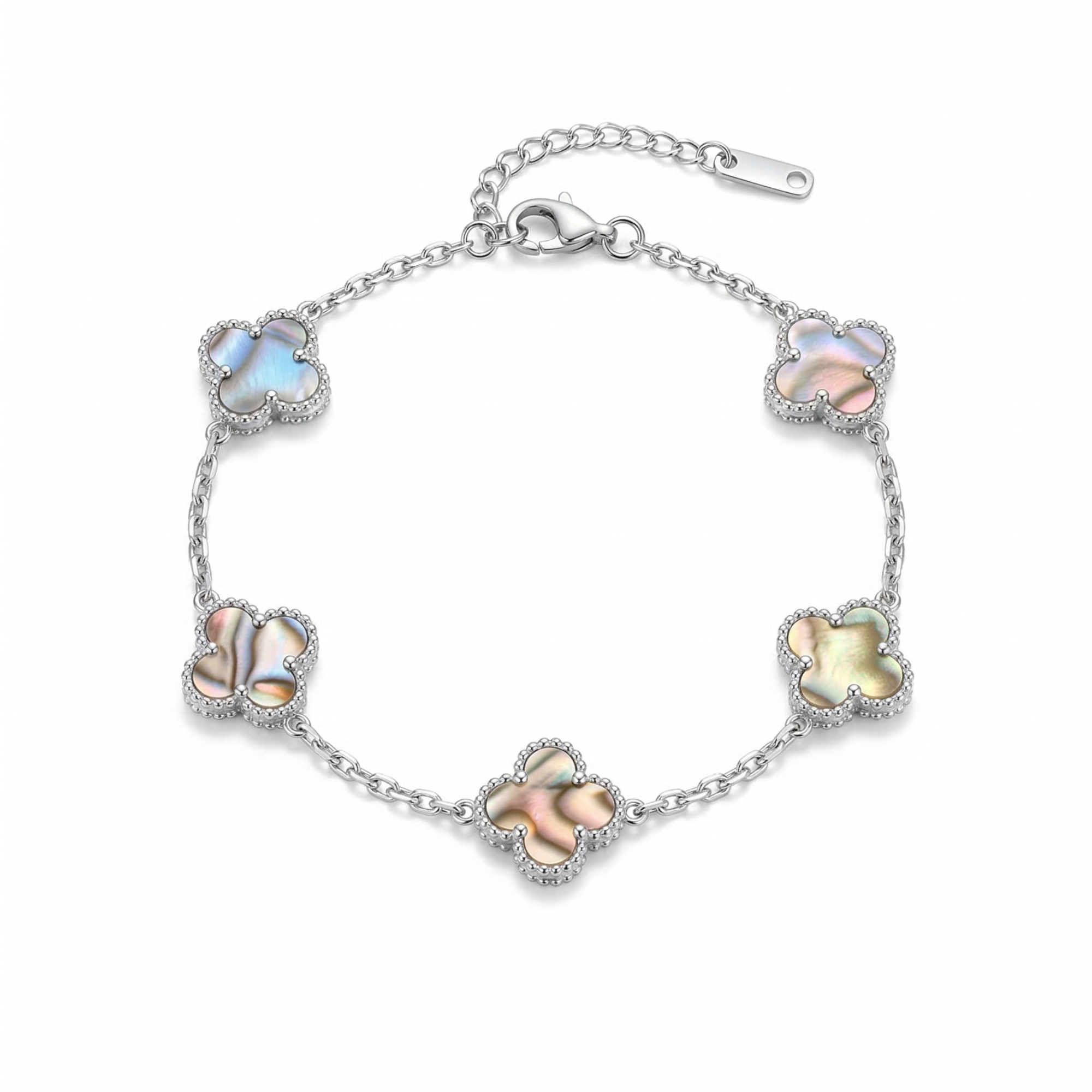 Bracelet trèfle en nacre irisée, 100 % acier inoxydable, couleur argent