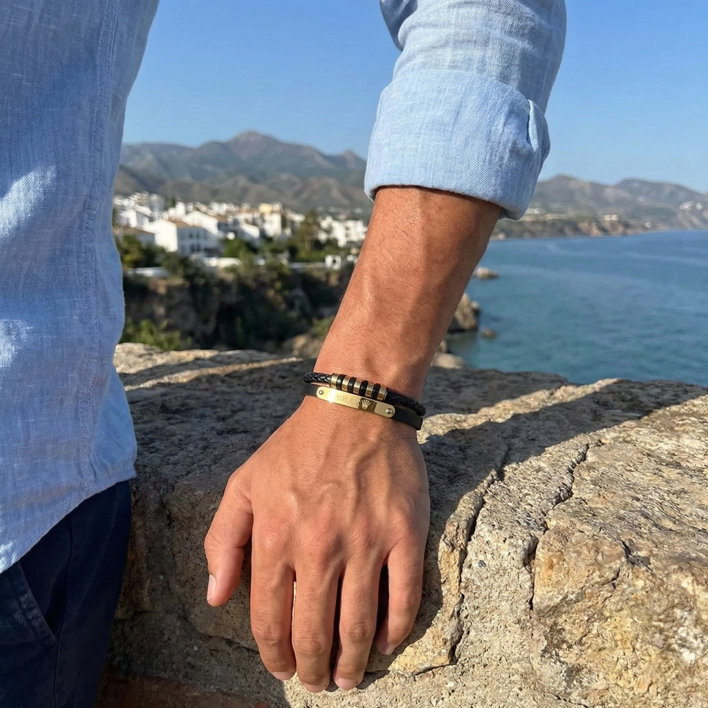 Bracelet haut de gamme en cuir tressé et acier inoxydable – Plaqué or 18 carats – Fabriqué en Espagne
