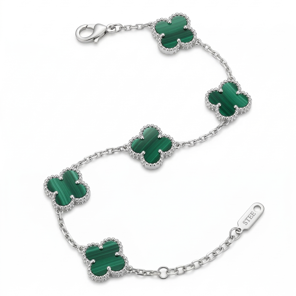 Bracelet en acier inoxydable 100 % couleur argent, motif trèfle vert malachite