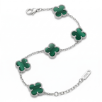 Bracelet en acier inoxydable 100 % couleur argent, motif trèfle vert malachite