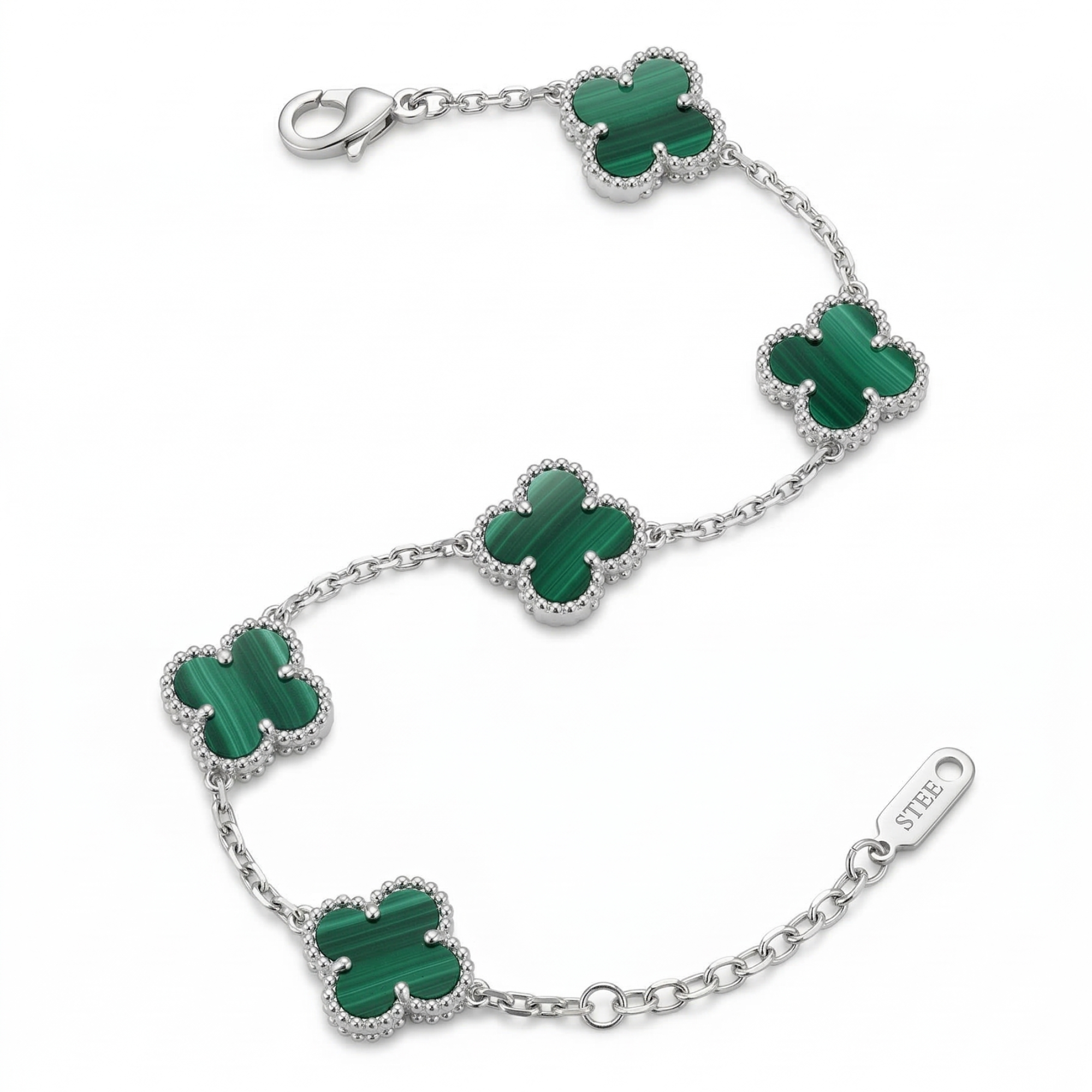 Bracelet en acier inoxydable 100 % couleur argent, motif trèfle vert malachite