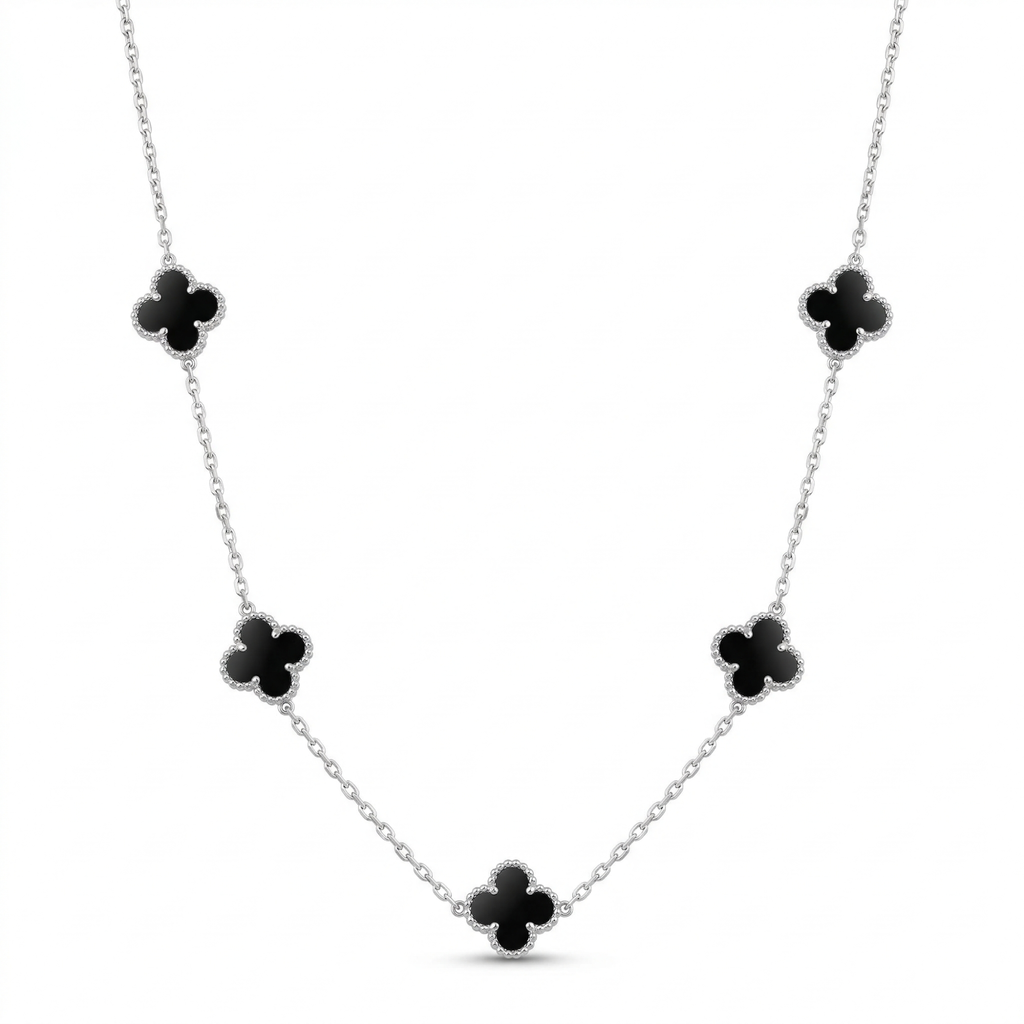 Collier long trèfle noir - 100 % acier plaqué argent