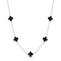 Collier long trèfle noir - 100 % acier plaqué argent