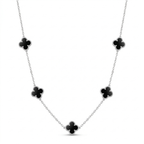 Collier long trèfle noir - 100 % acier plaqué argent