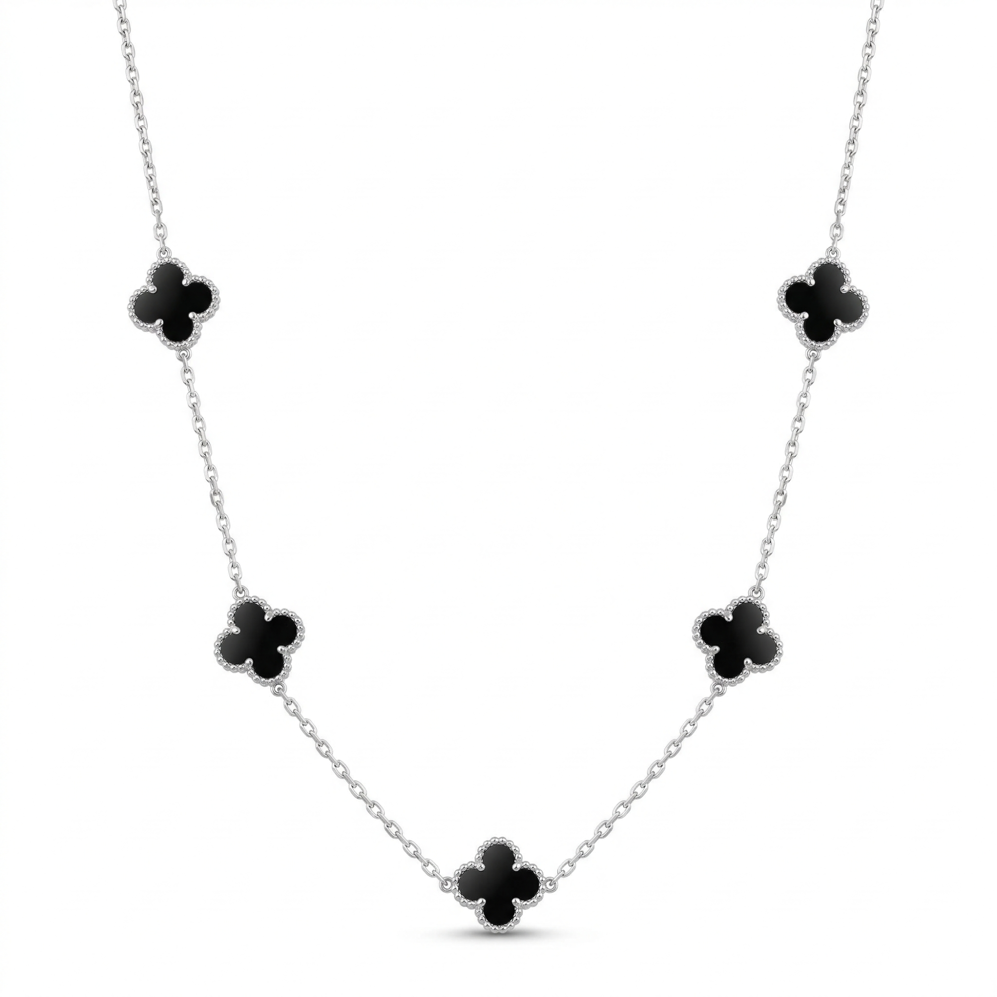 Collier long trèfle noir - 100 % acier plaqué argent