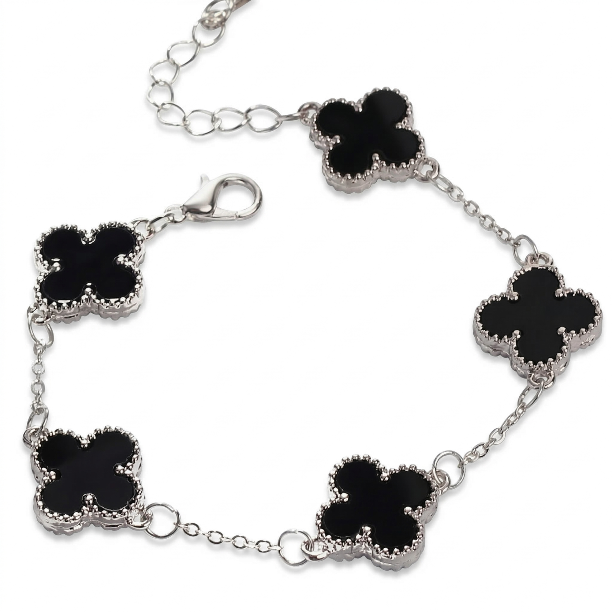 Pulsera de Trébol con Ónix Negro 100% Acero Bañada en Oro Blanco de 18K - Elegancia Moderna