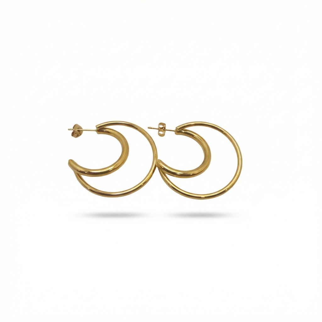 Boucles d'oreilles créoles doubles demi-lune 100 % acier plaqué or 18 carats
