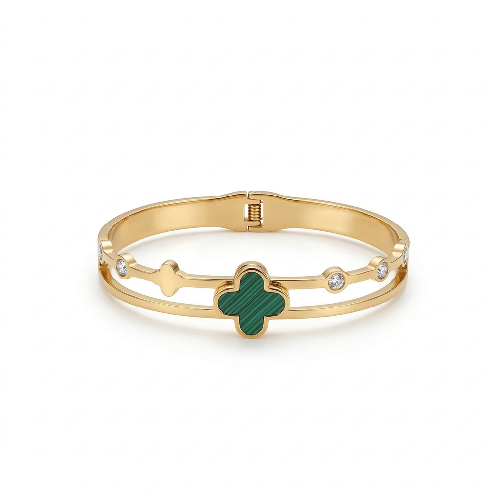 Bracelet rigide double bande avec trèfle émaillé turquoise et zircone - 100 % acier plaqué or 18 carats