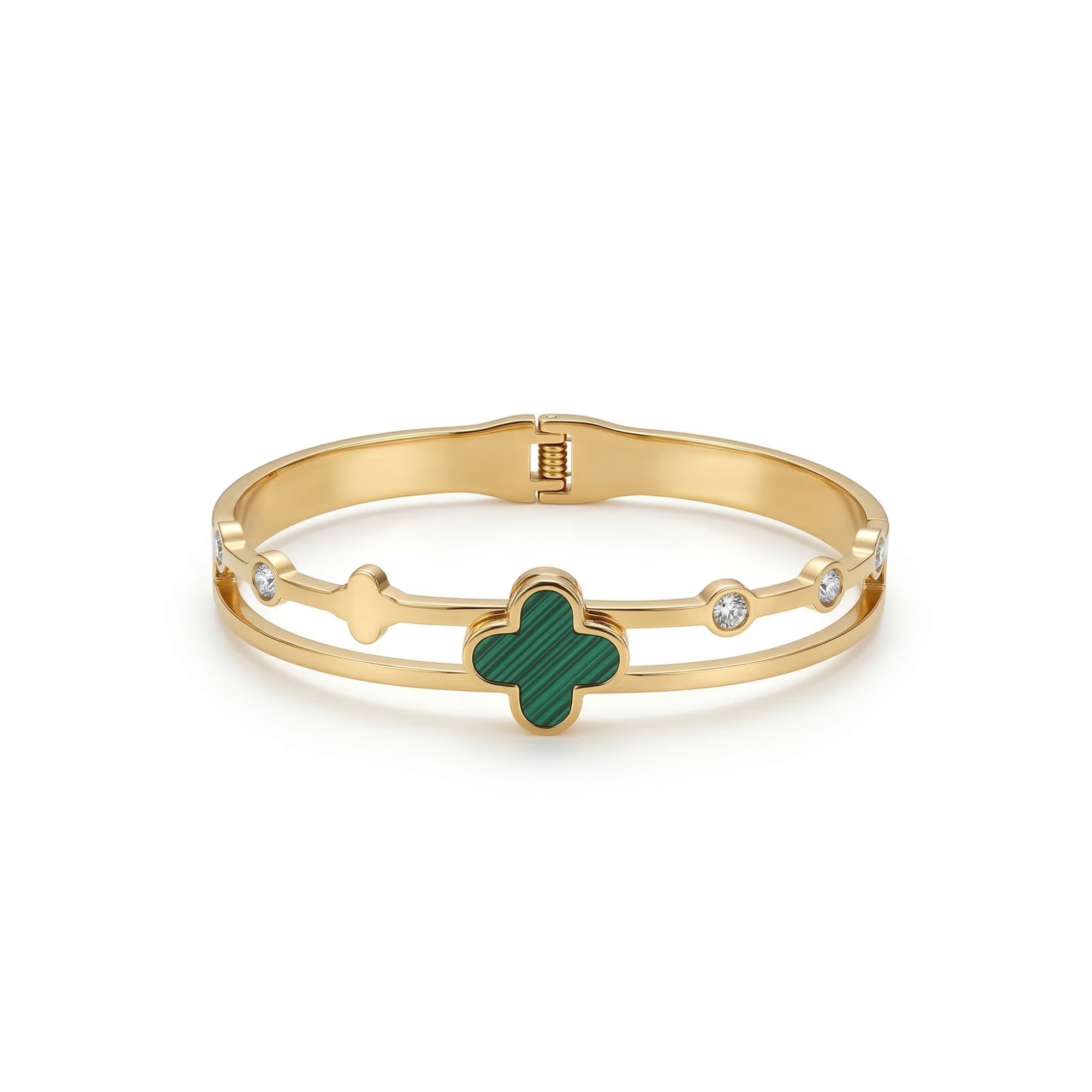 Bracelet rigide double bande avec trèfle émaillé turquoise et zircone - 100 % acier plaqué or 18 carats