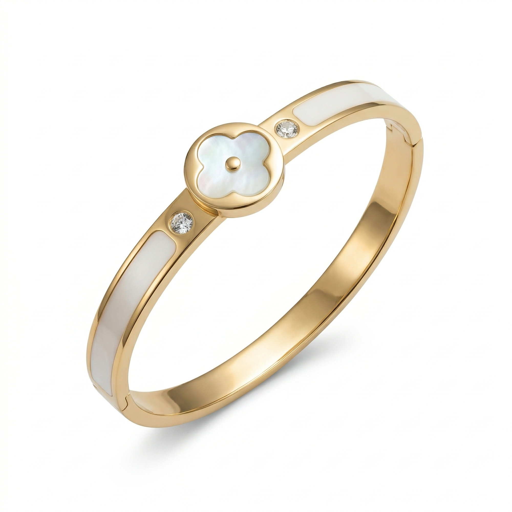 Bracelet rigide avec trèfle en nacre et zircone, détails émaillés blancs - 100 % acier plaqué or 18 carats