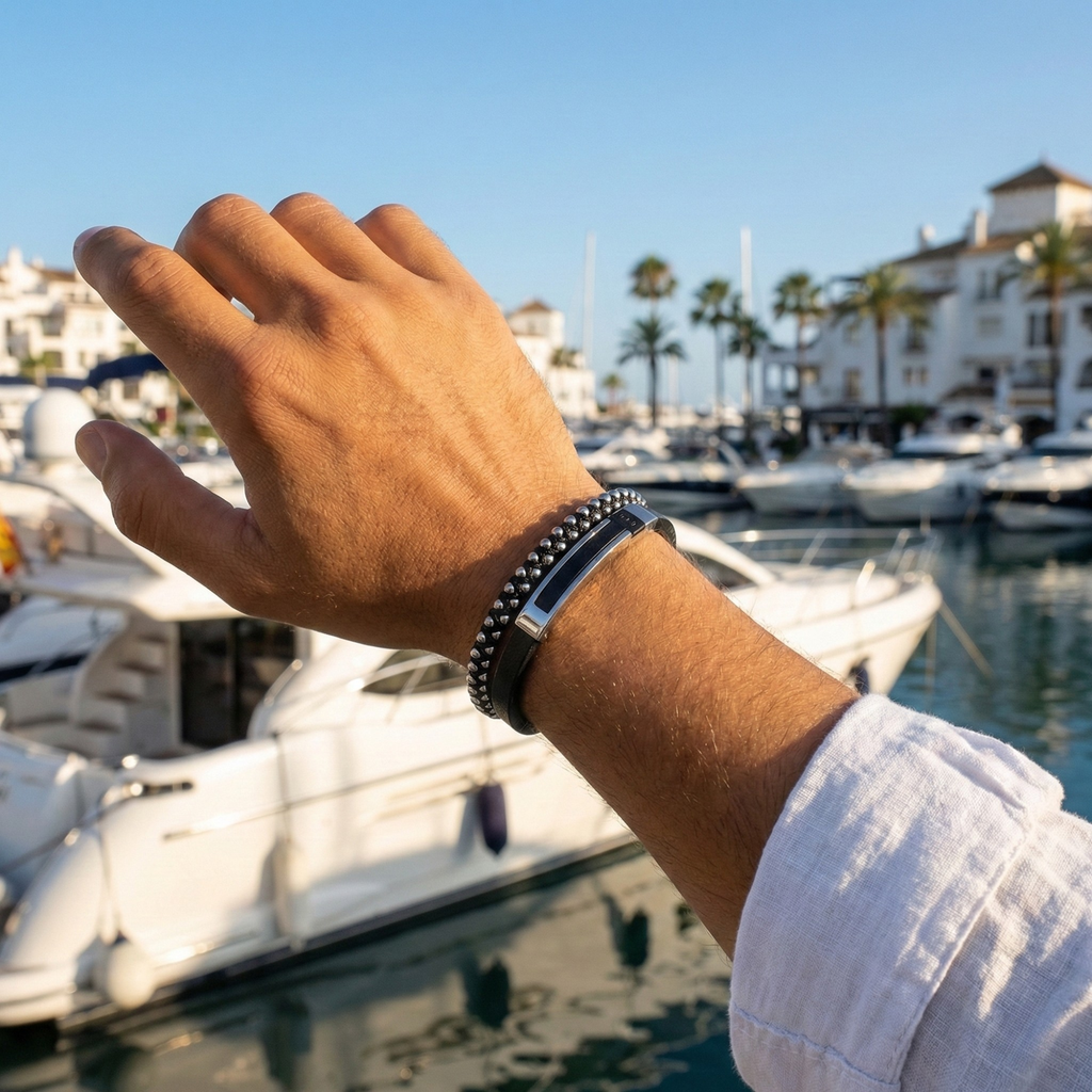 Bracelet double rang pour homme en acier plaqué or blanc 18 carats – Fabrication artisanale espagnole