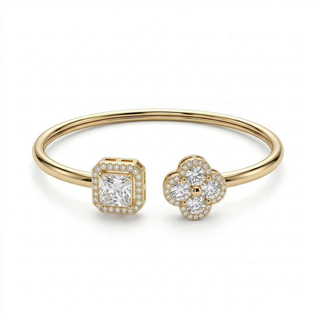 Bracelet ouvert avec zircones carrées et trèfles - 100 % acier plaqué or 18 carats