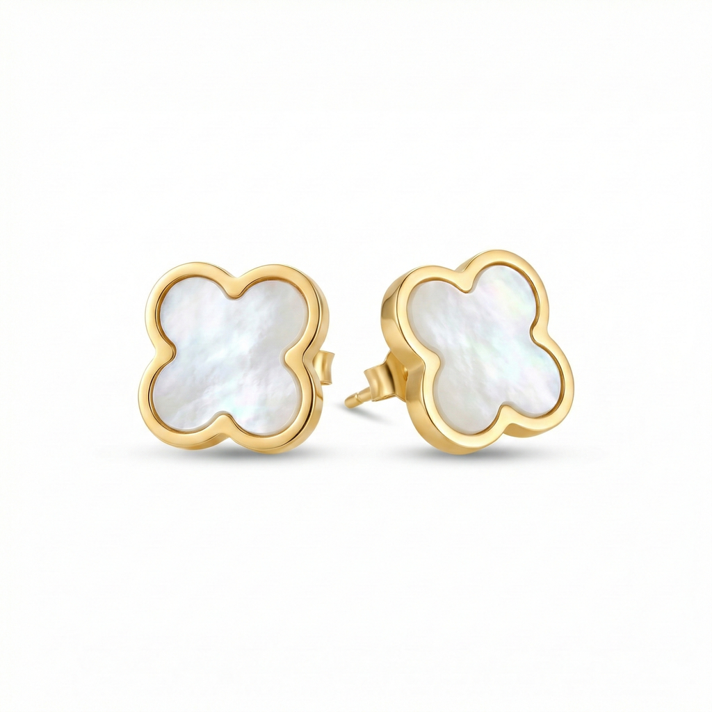 Boucles d'oreilles clous trèfle en nacre blanche 100 % acier plaqué or 18 carats