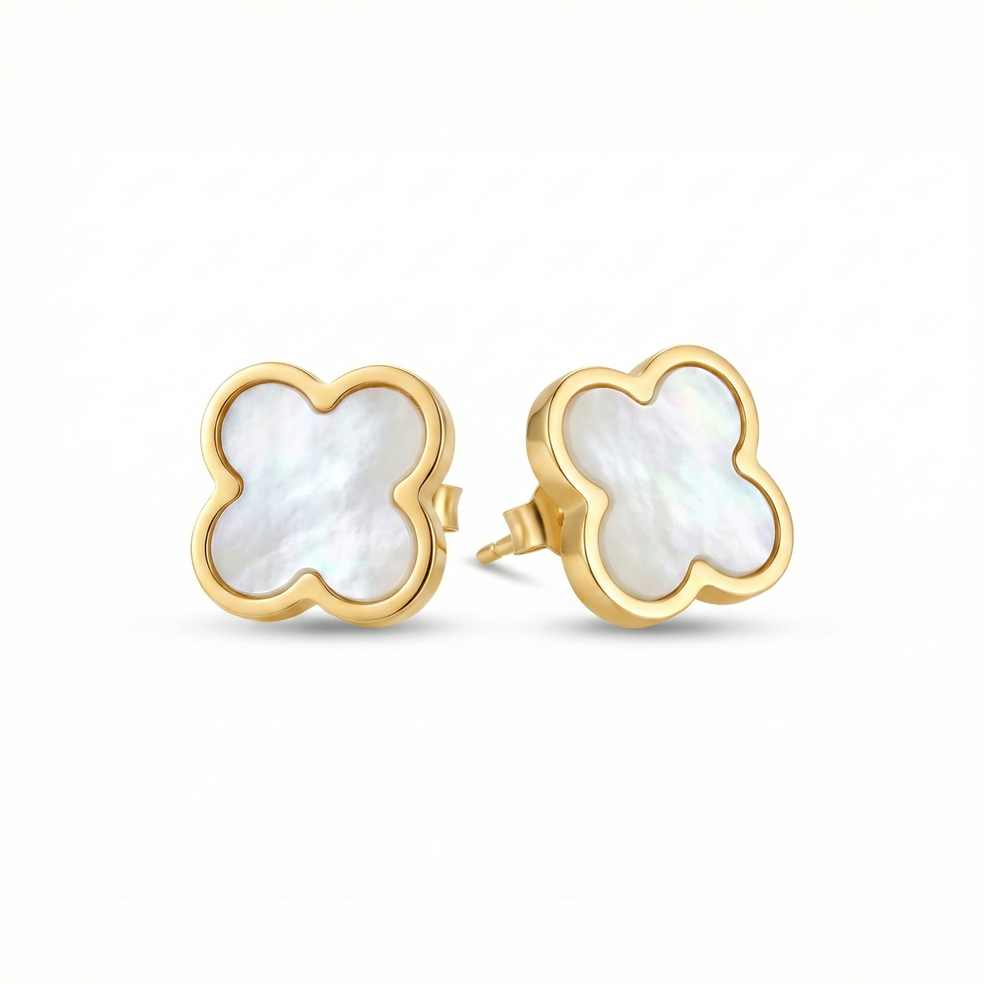 Boucles d'oreilles clous trèfle en nacre blanche 100 % acier plaqué or 18 carats