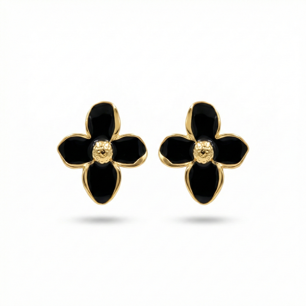 Black Petal Flower Stud Earrings with Gold Center - 100% 18K Gold Plated Steel