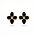 Black Petal Flower Stud Earrings with Gold Center - 100% 18K Gold Plated Steel