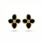 Black Petal Flower Stud Earrings with Gold Center - 100% 18K Gold Plated Steel