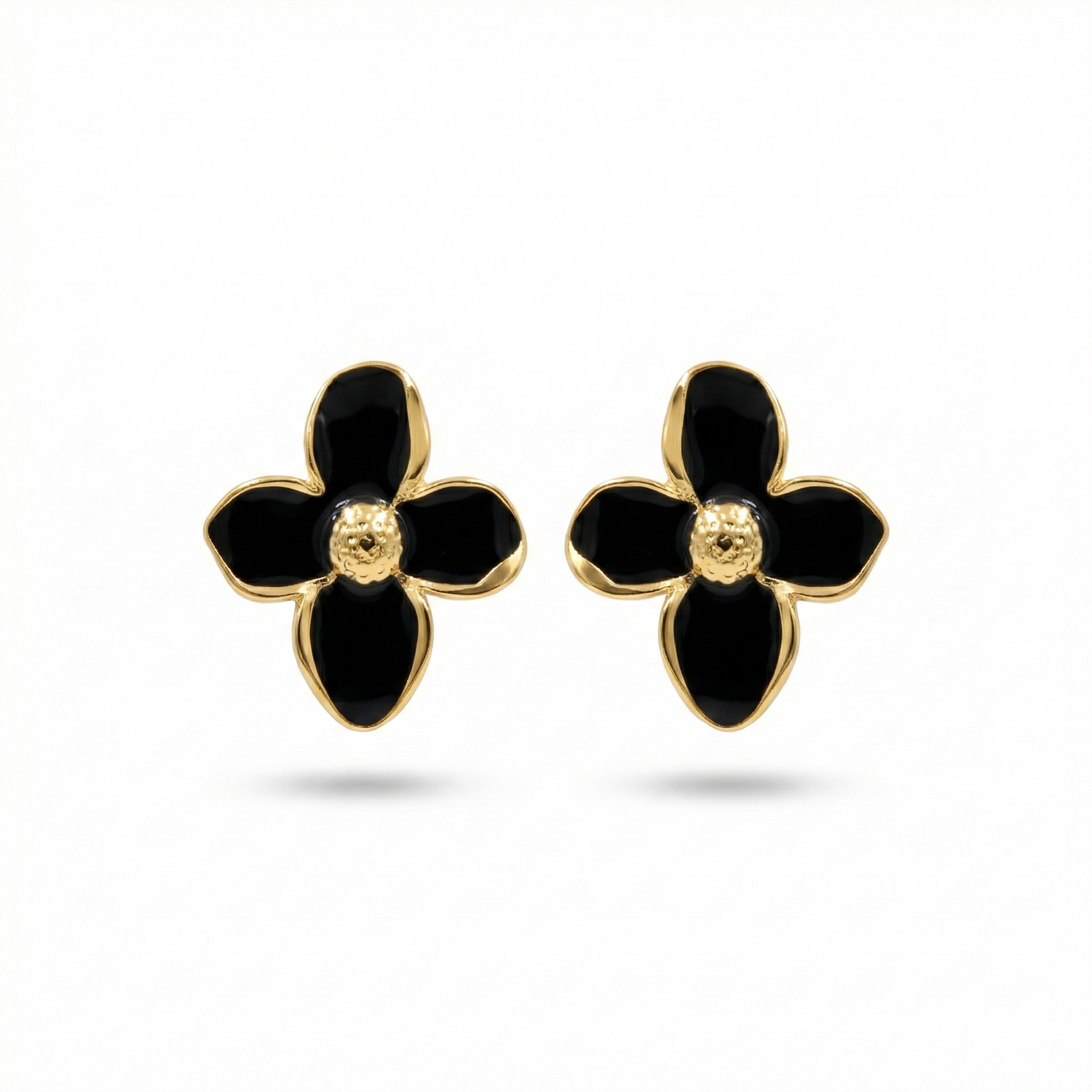 Black Petal Flower Stud Earrings with Gold Center - 100% 18K Gold Plated Steel
