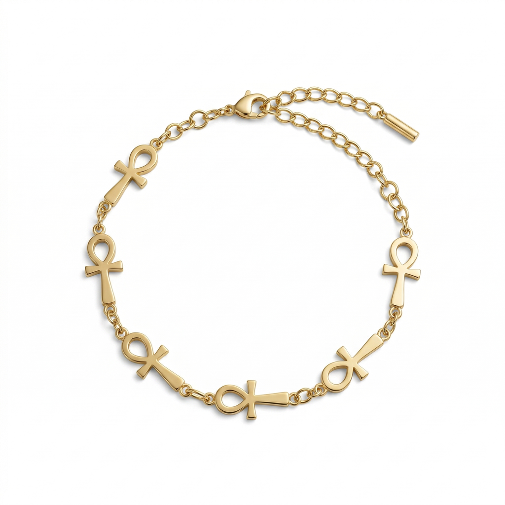 Bracelet croix égyptienne (Ankh) 100 % acier plaqué or 18 carats