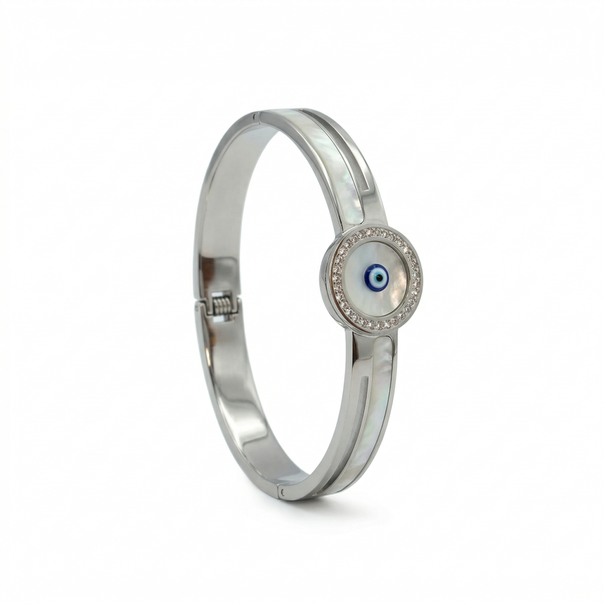 Bracelet rigide avec mauvais œil et nacre - 100 % acier rhodié