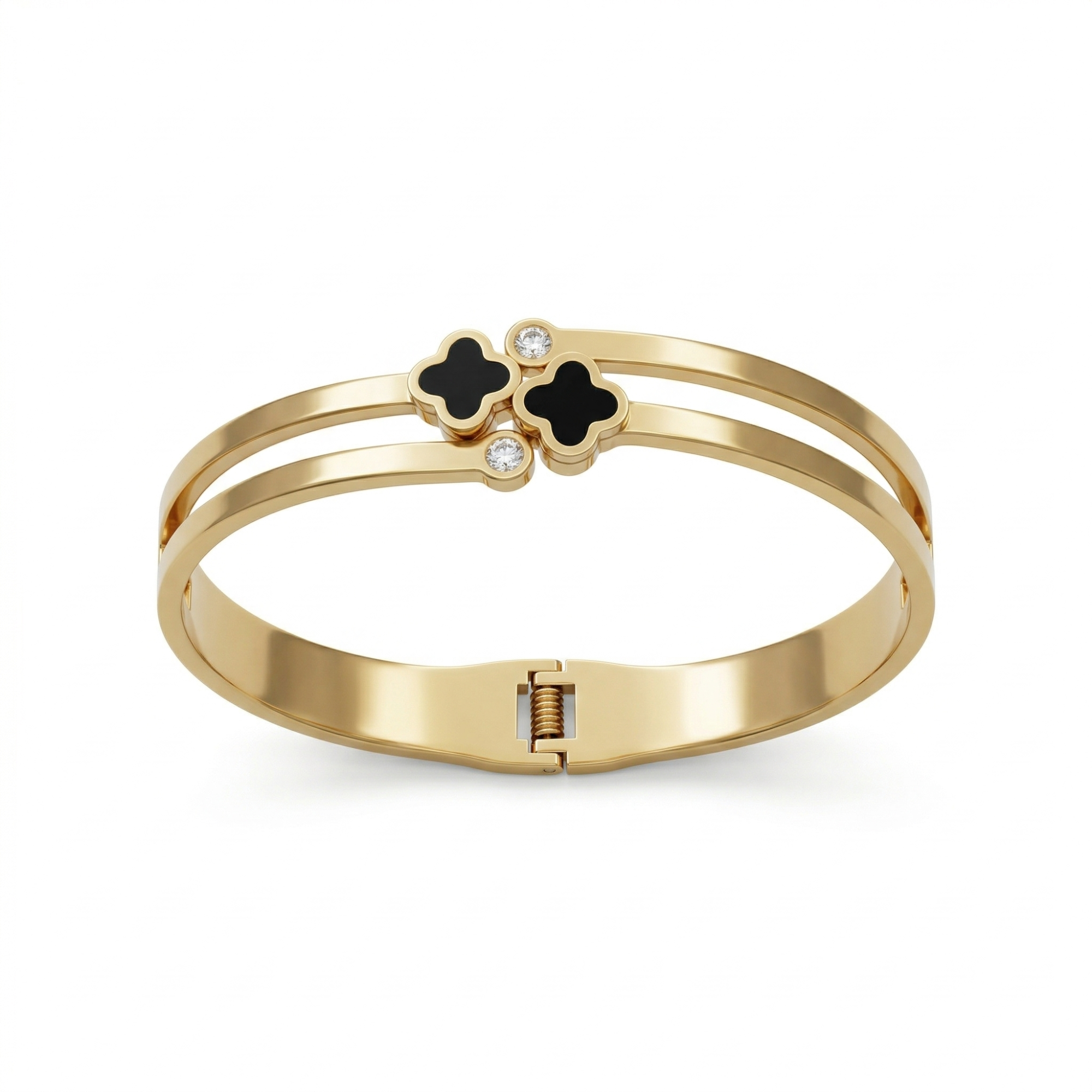 Bracelet rigide double bande avec trèfles émaillés noirs et zircones - 100 % acier plaqué or 18 carats