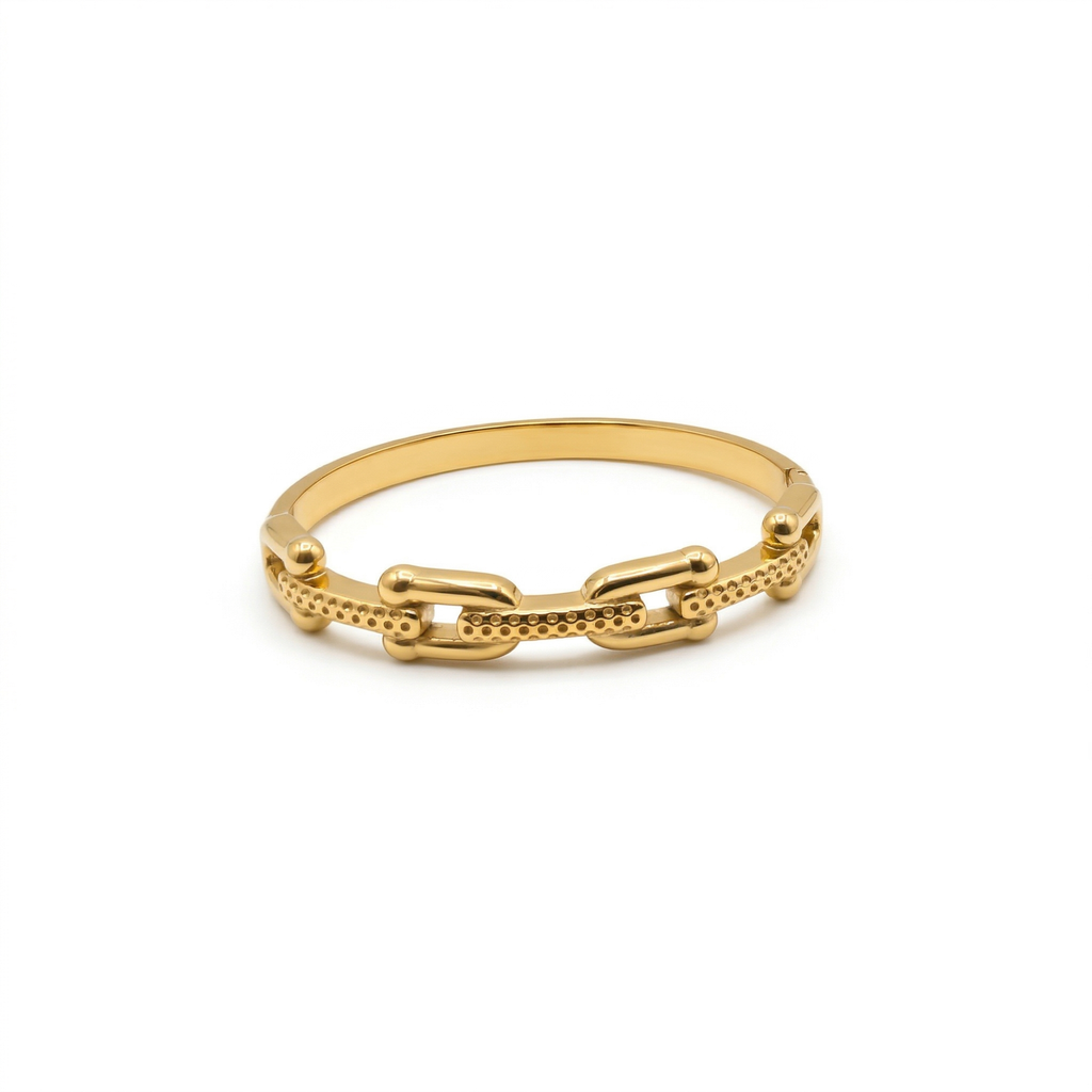 Bracelet rigide à double anneau avec breloque carrée en zircone cubique, 100 % acier plaqué or 18 carats