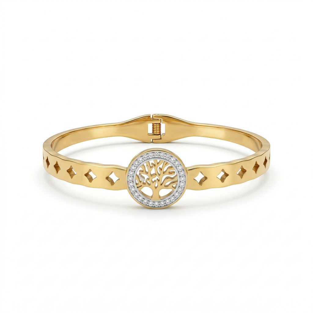 Bracelet rigide avec arbre de vie et zircone - 100 % acier plaqué or 18 carats