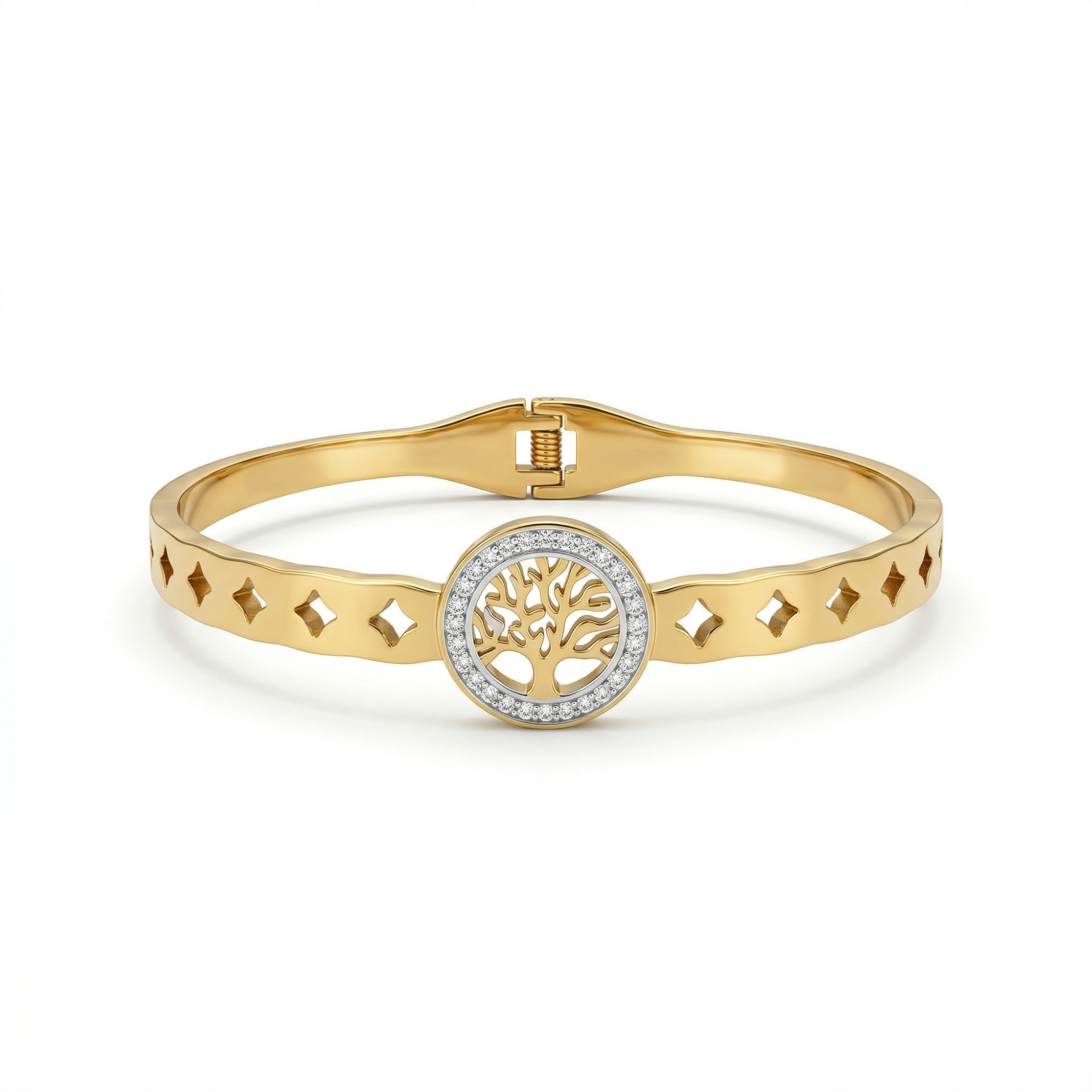 Bracelet rigide avec arbre de vie et zircone - 100 % acier plaqué or 18 carats
