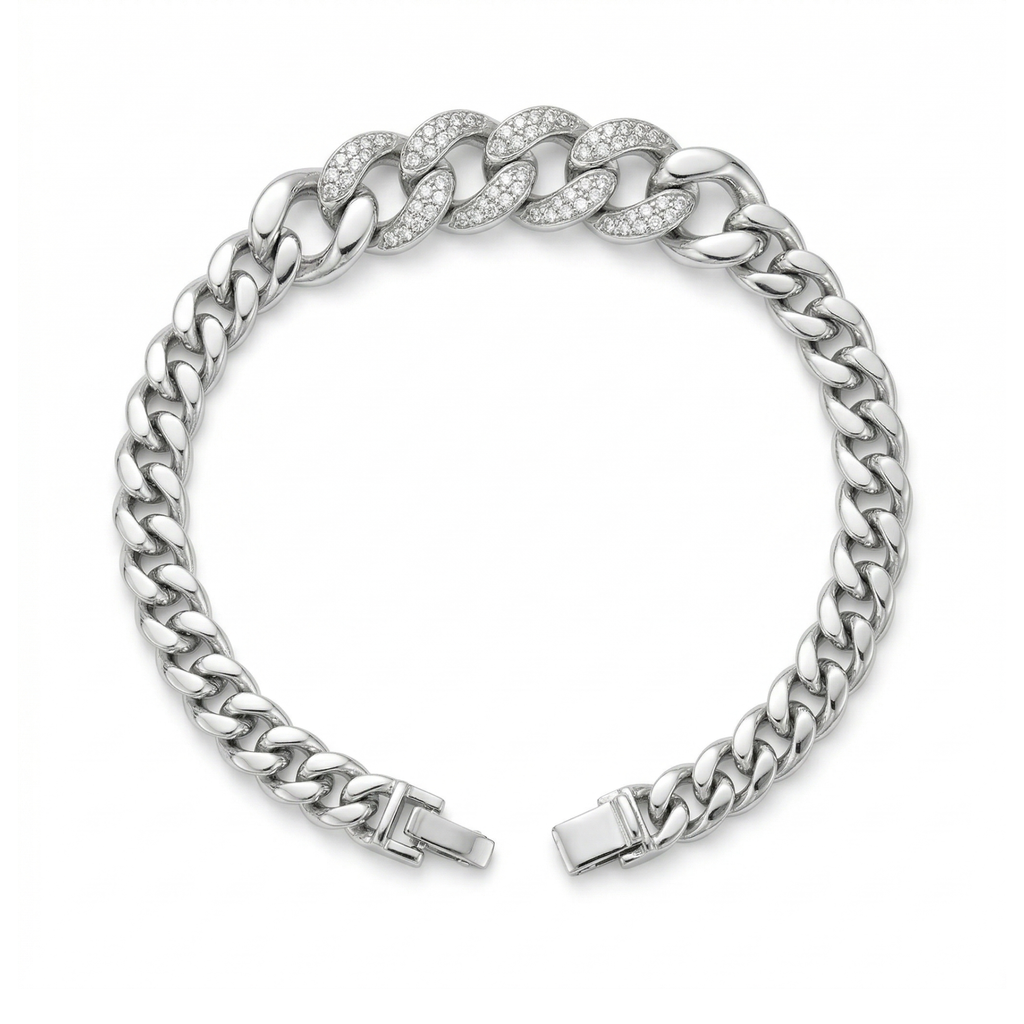 Bracelet à grosse chaîne avec maillons centraux étincelants en acier plaqué argent