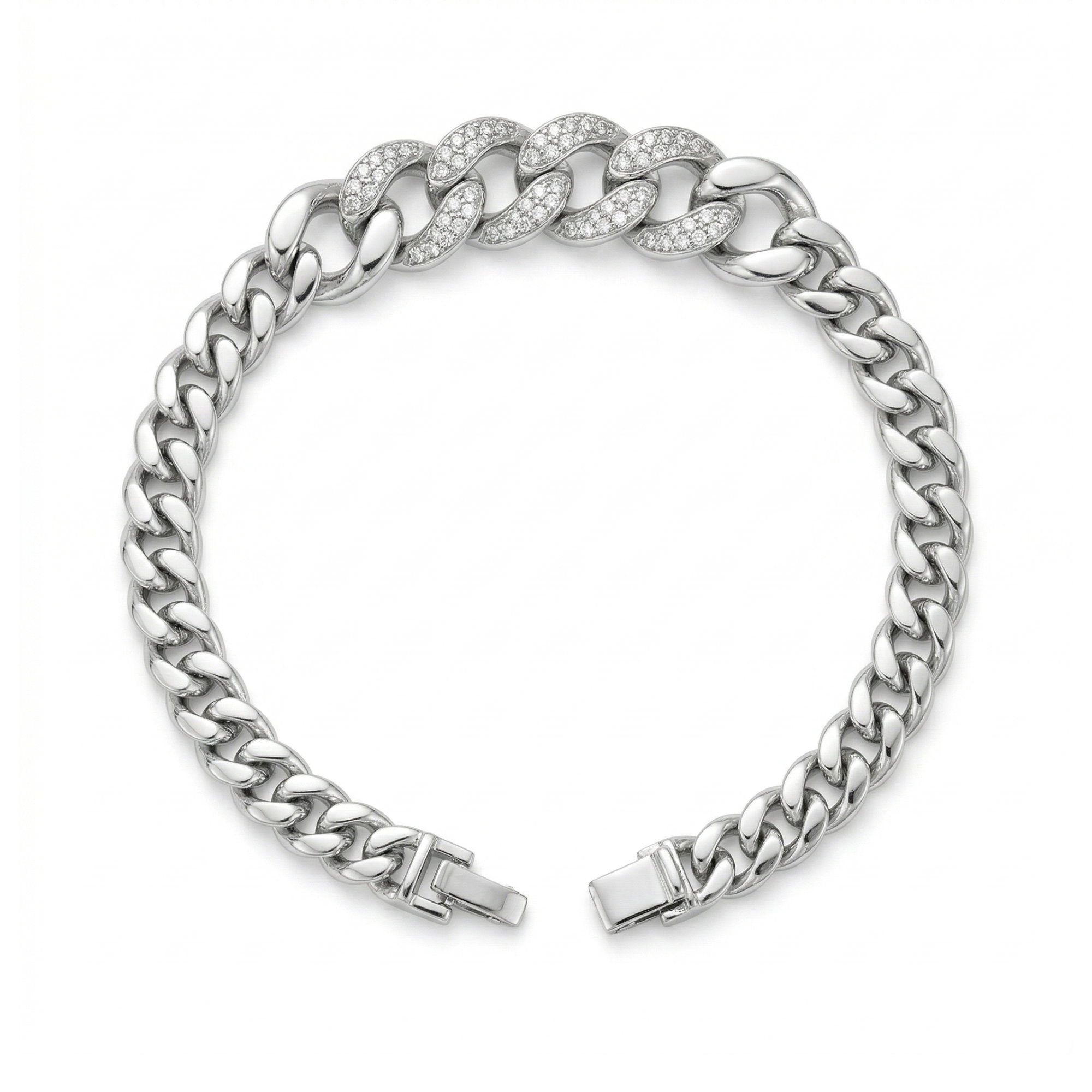 Bracelet à grosse chaîne avec maillons centraux étincelants en acier plaqué argent