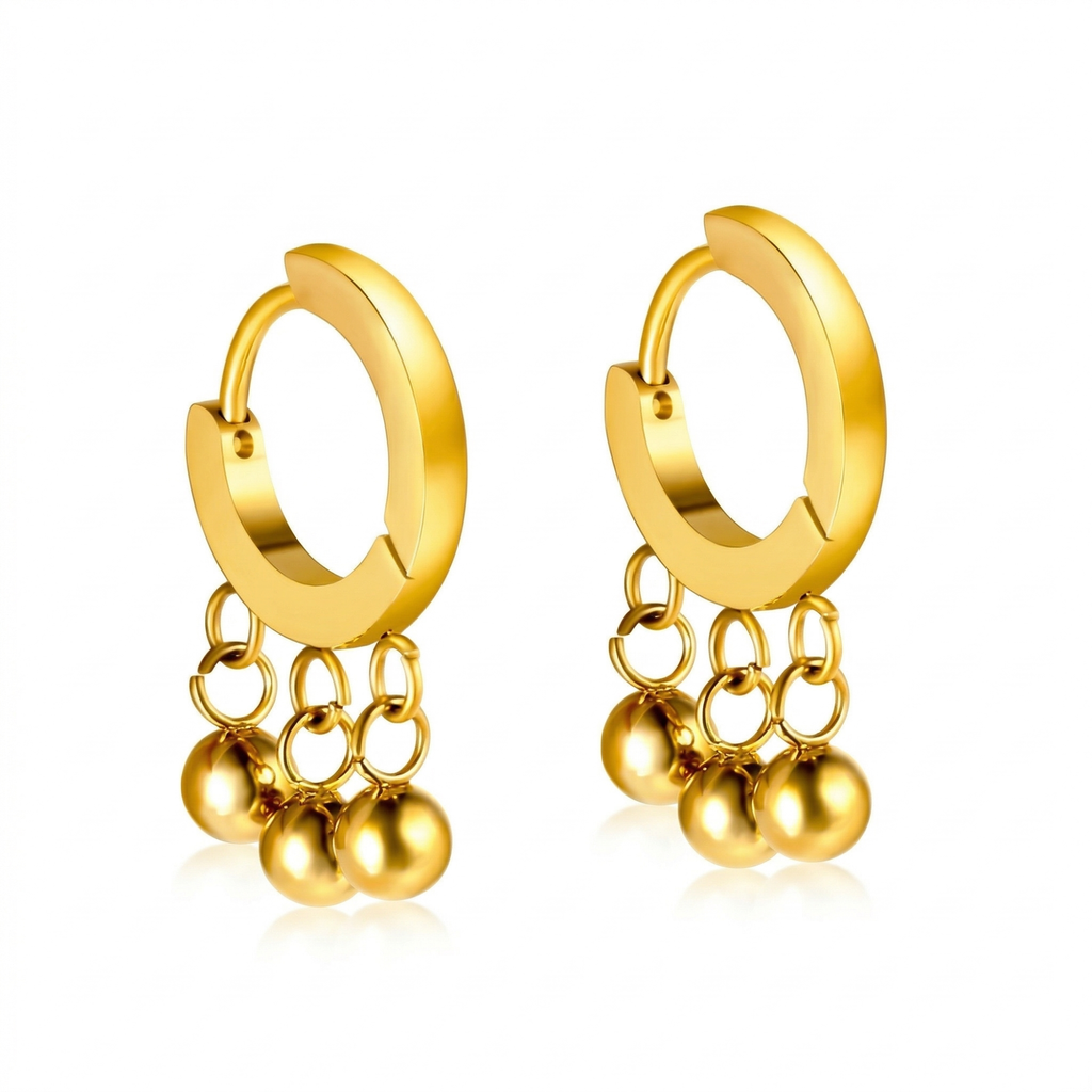 Boucles d'oreilles créoles en or avec pendentifs à boules multiples - 100 % acier plaqué or 18 carats