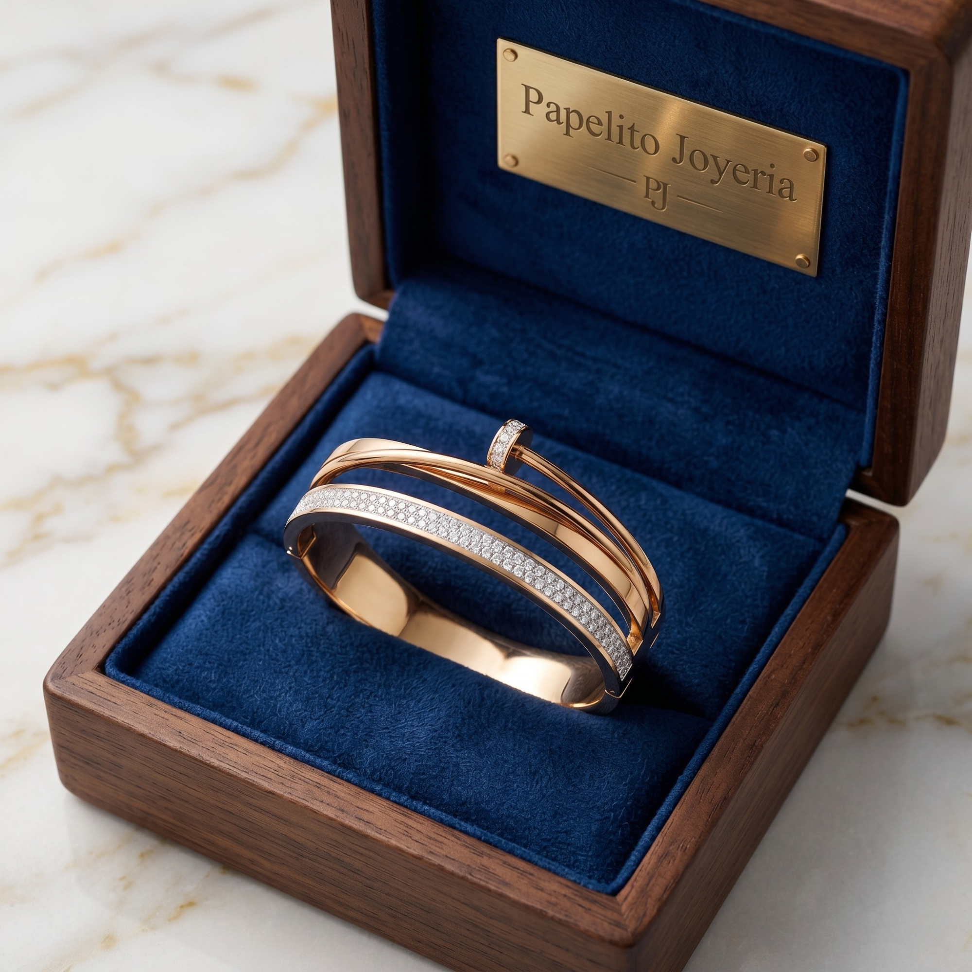 Brazalete Rígido Cruzado de Diseño "Clavo" con Cristales - 100% Acero Bañado en Oro 18K