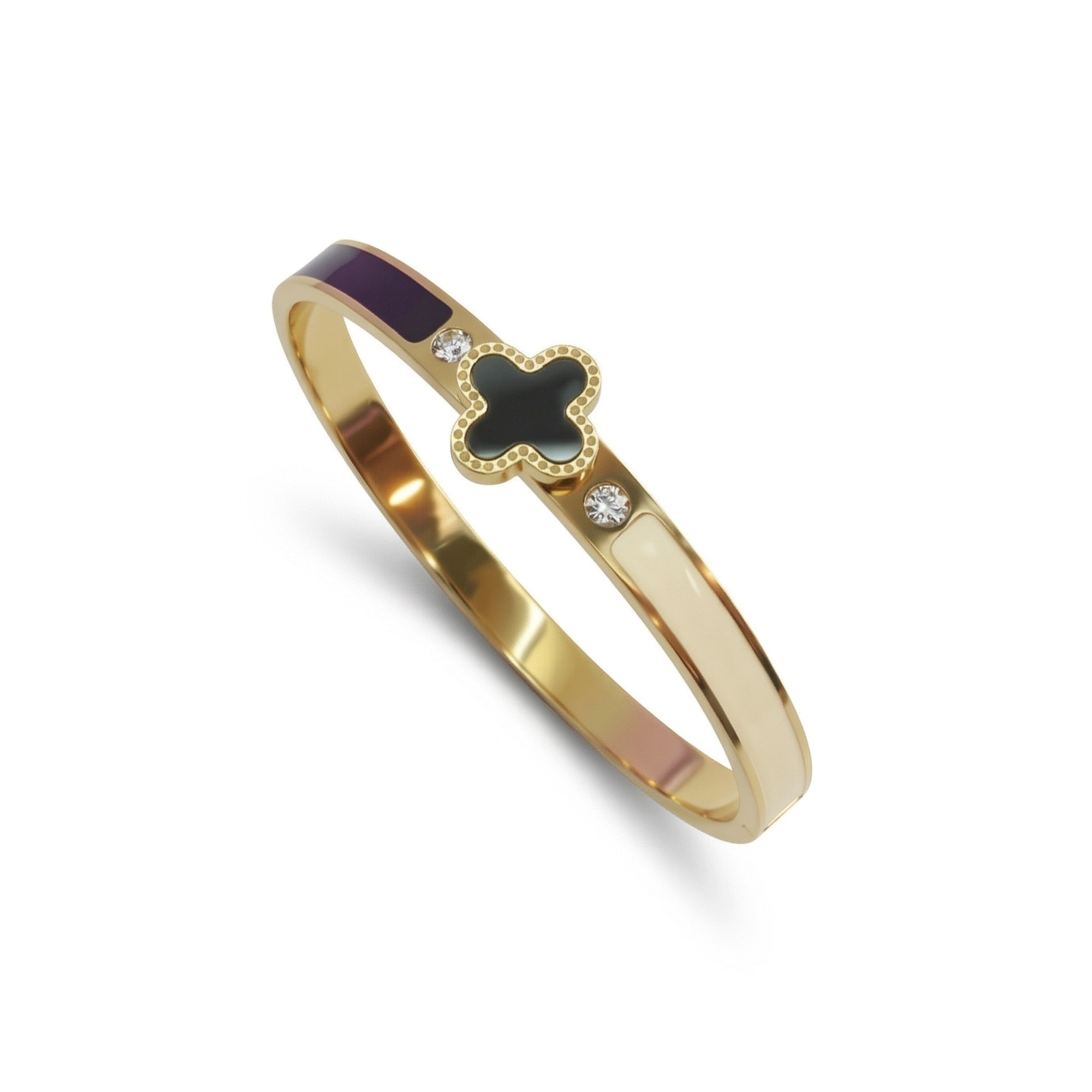 Bracelet rigide avec trèfle émaillé noir, détails blancs et zircones - 100 % acier plaqué or 18 carats