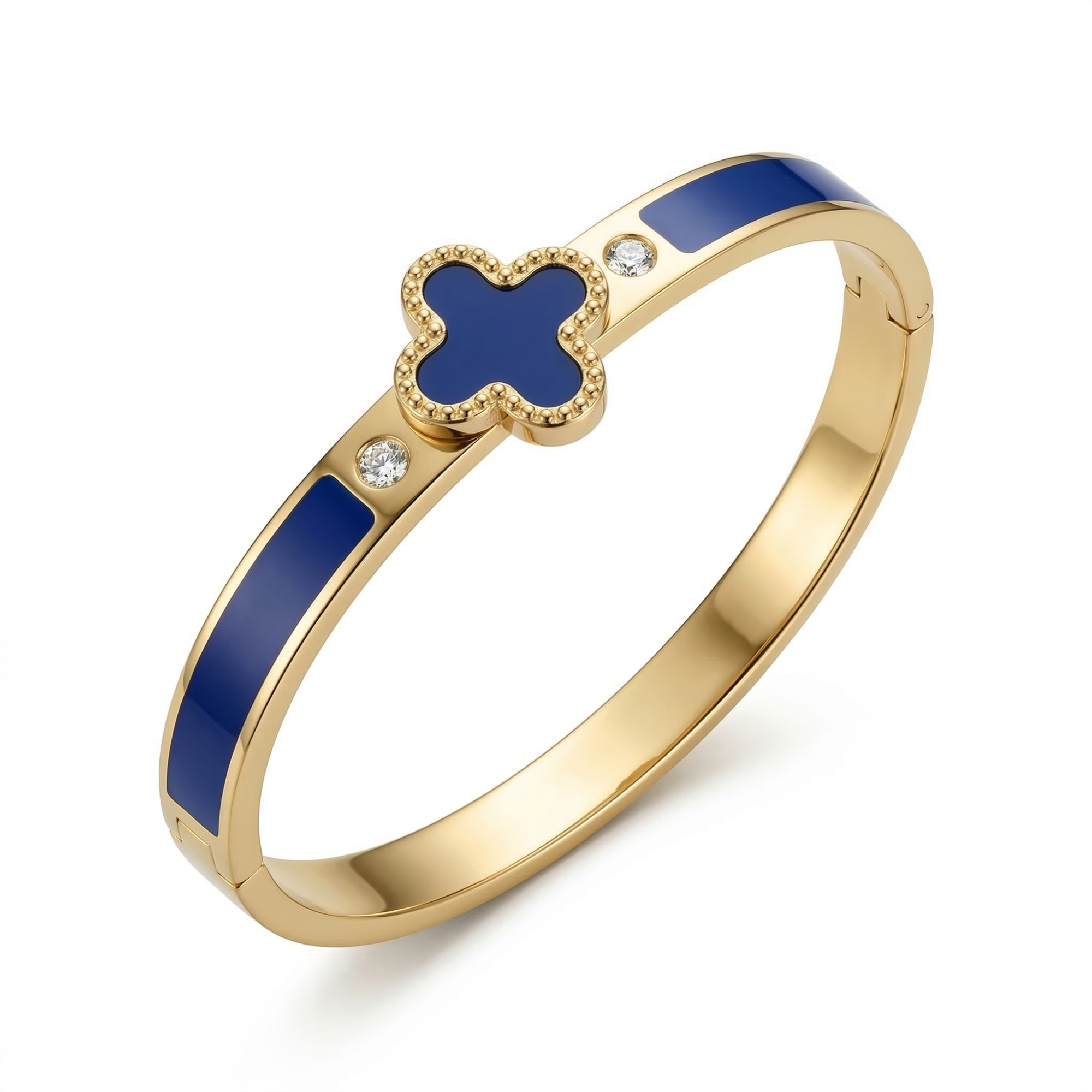Bracelet rigide avec motif trèfle émaillé bleu et zircone - 100 % acier plaqué or 18 carats