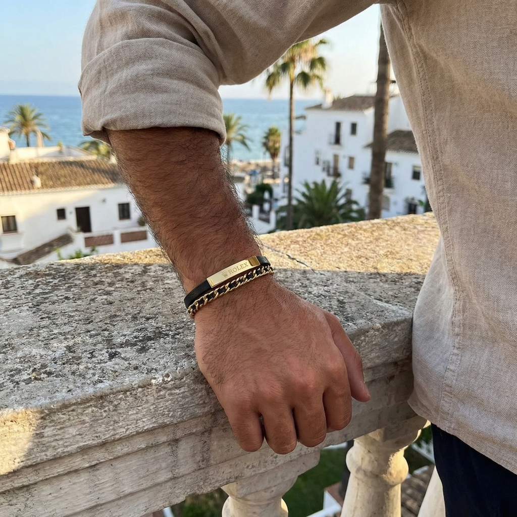 Bracelet et chaîne en cuir noir pour homme – Acier plaqué or 18 carats