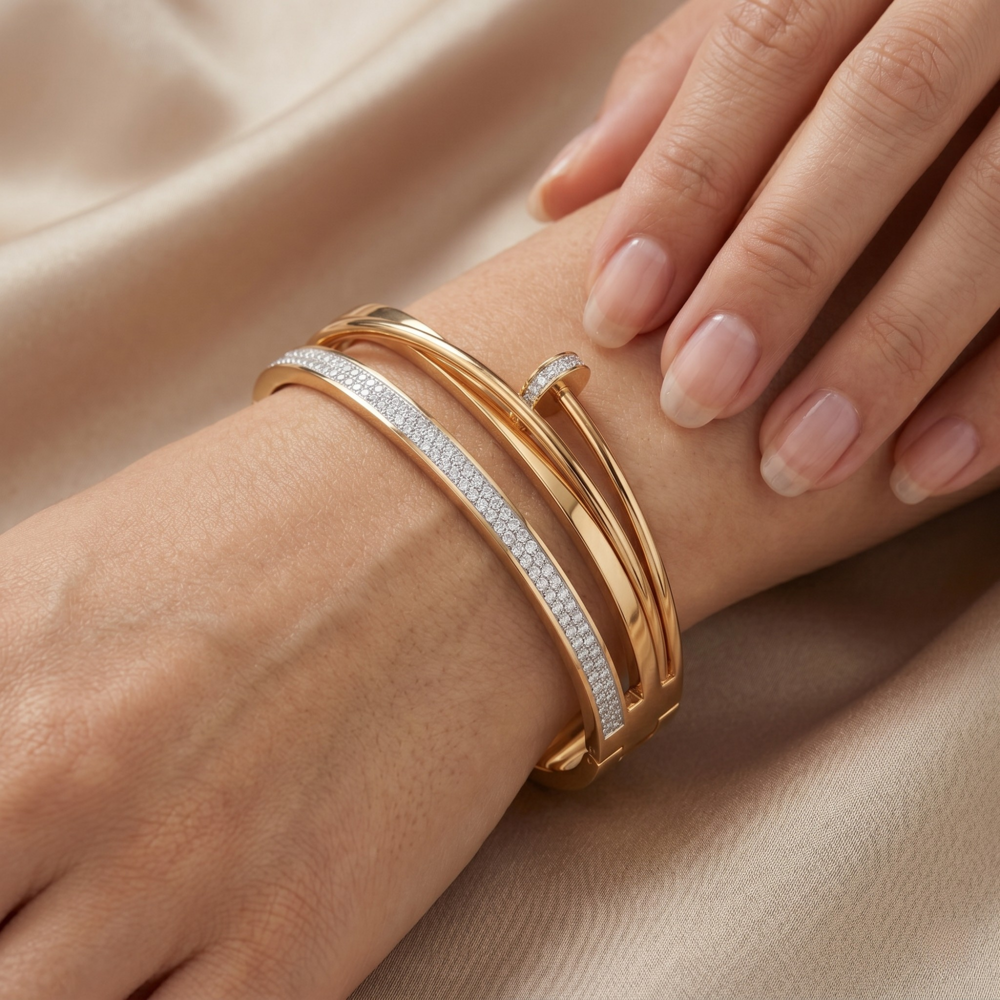 Brazalete Rígido Cruzado de Diseño "Clavo" con Cristales - 100% Acero Bañado en Oro 18K