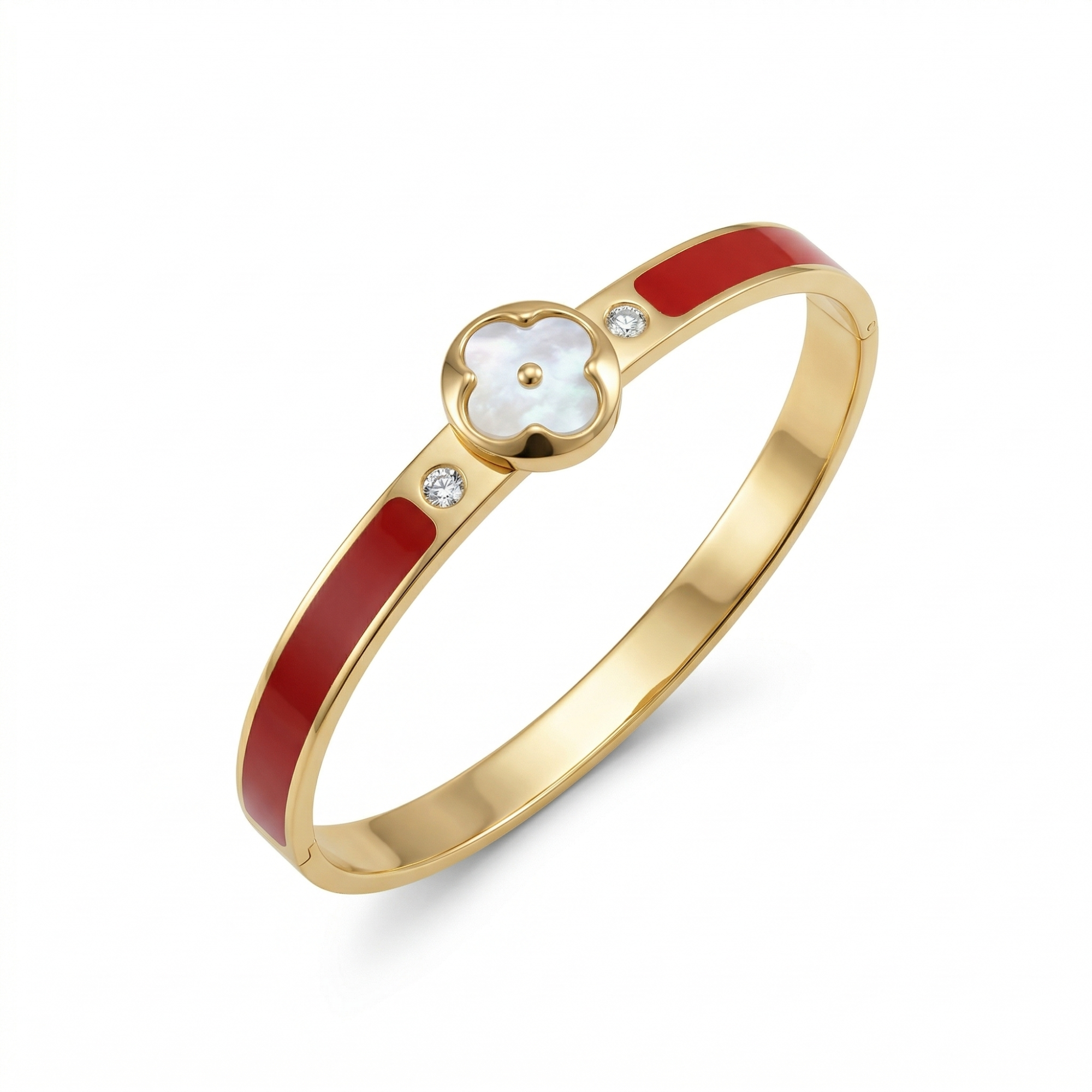 Bracelet rigide avec trèfle en nacre et zircone, détails émaillés rouges - 100 % acier plaqué or 18 carats