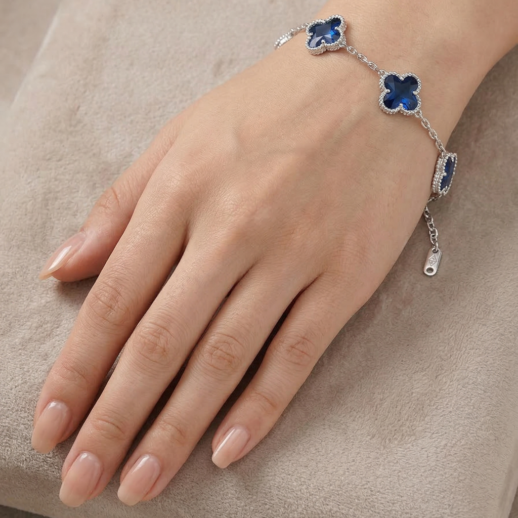 Bracelet Blue Clover avec marbre irisé, 100 % acier inoxydable, couleur argent