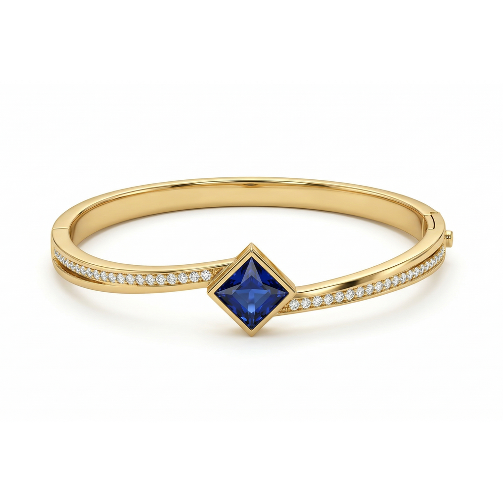 Bracelet rigide avec cristal carré bleu et zircone - 100 % acier plaqué or 18 carats