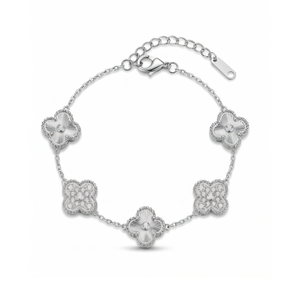 Bracelet trèfle argenté avec détails brillants 100 % acier inoxydable