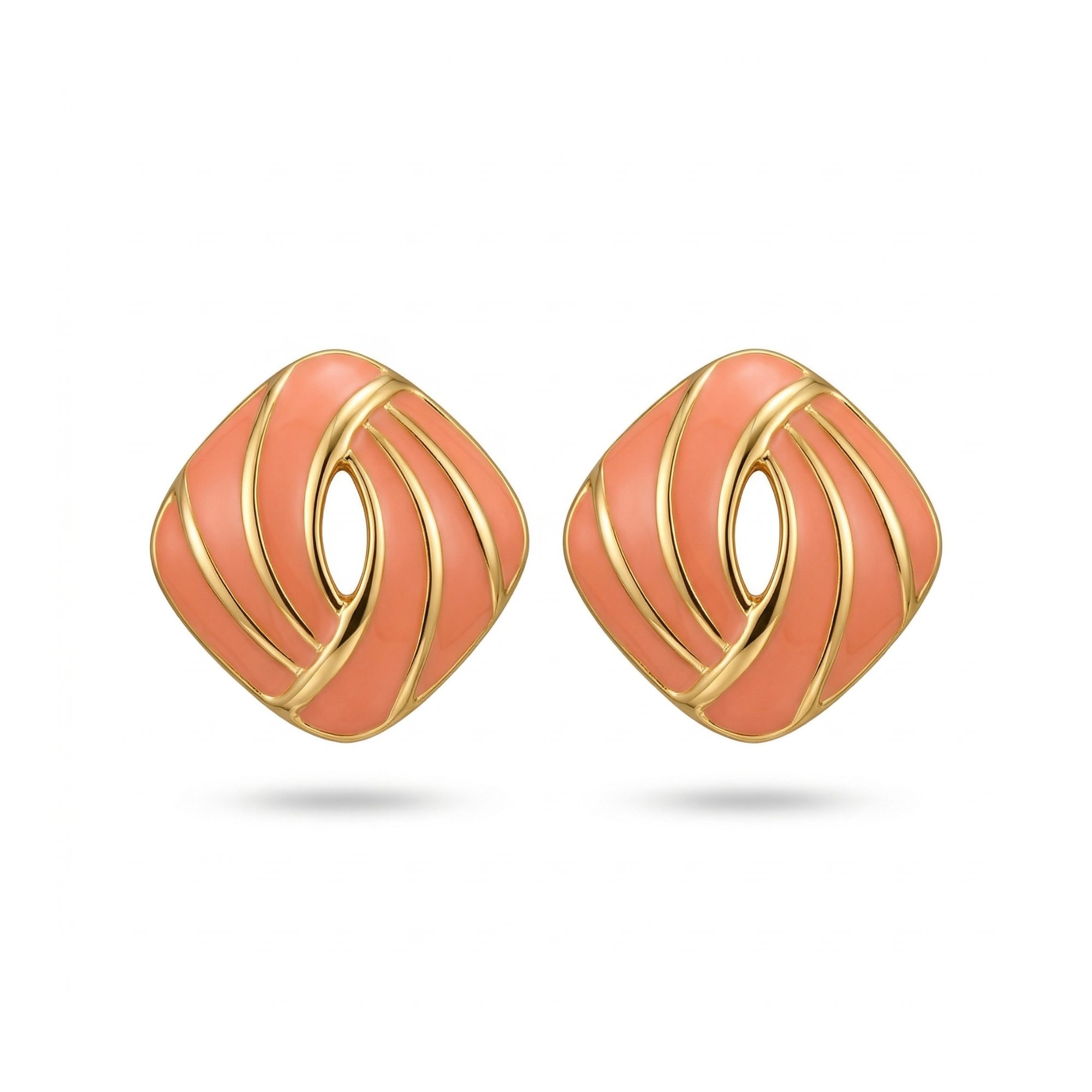 Boucles d'oreilles géométriques en émail rose et rayures dorées, 100 % acier plaqué or 18 carats