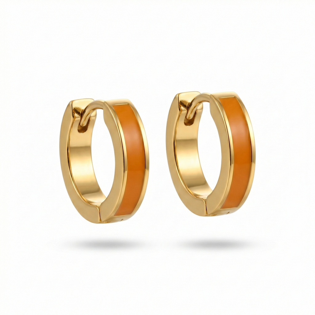 Pendientes de Aro Robusto con Detalle de Esmalte Naranja - 100% Acero Bañado en Oro 18K