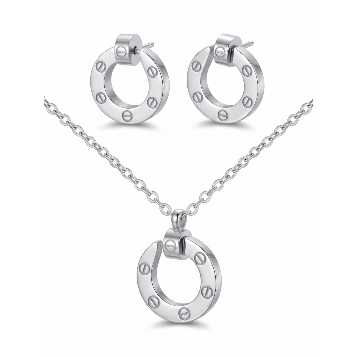 Silver Plated Circular Clou Necklace and Earrings