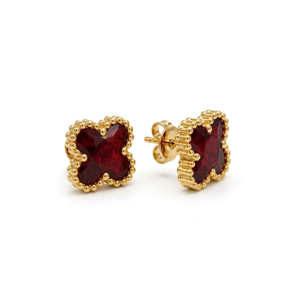 Boucles d'oreilles à clou Trèfle Rouge Royale à bord perlé